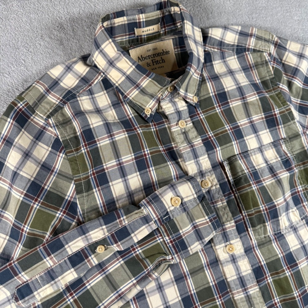Abercrombie & Fitch Muscle Button Down Mens M Blue/Grn Plaid Long Sleeve Shirt